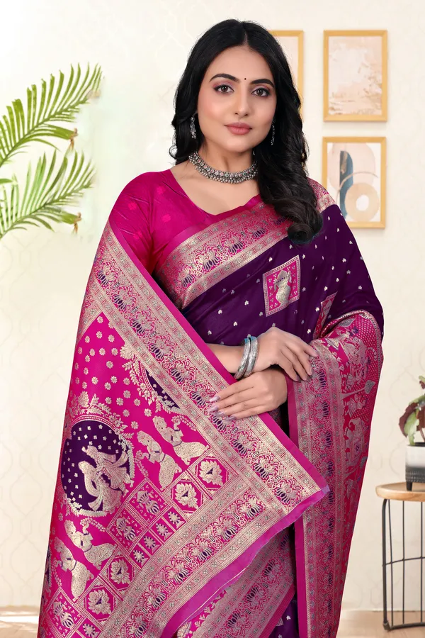 Purple_Banarasi_Silk_Saree_With_Pink_Border_And_Zari_Work