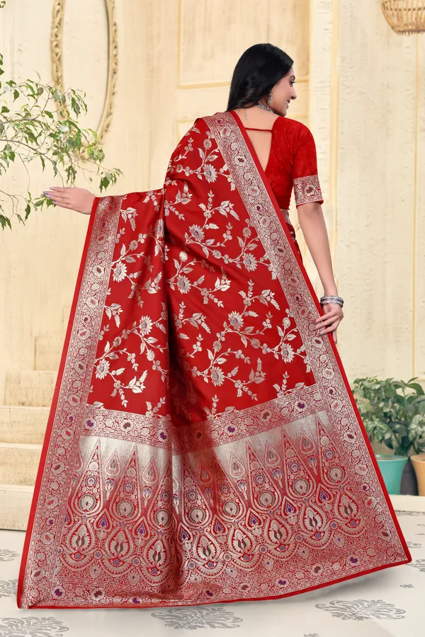 Red_Banarasi_Silk_Saree_With_Silver_Zari_Work