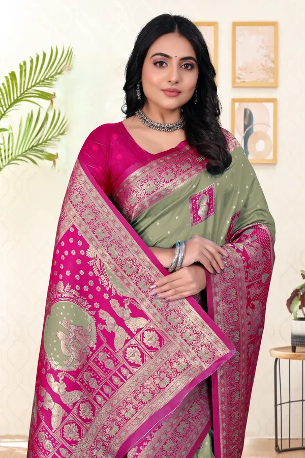 Banarasi_Silk_Saree_With_Woven_Zari_Work_-_Pista_Green_And_Magenta_Pink