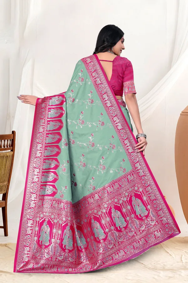 Mint_Green_Banarasi_Silk_Saree_With_Pink_Zari_Border