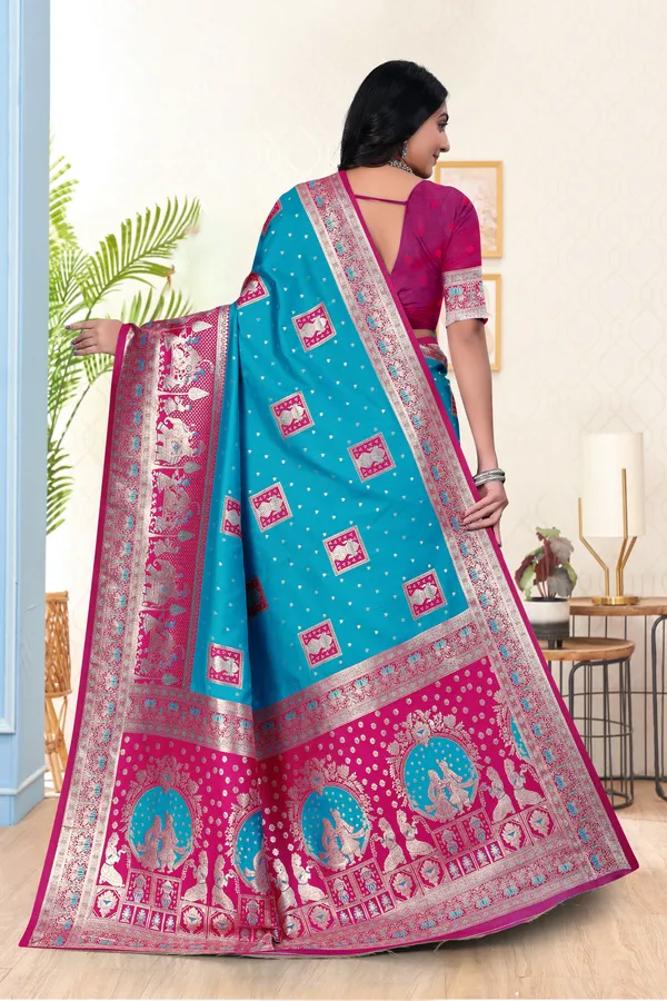 Banarasi_Silk_Saree_In_Sky_Blue_And_Magenta_Pink_With_Traditional_Weaving