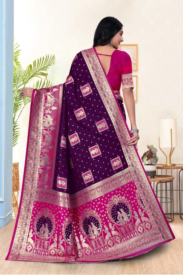 Purple_Banarasi_Silk_Saree_With_Pink_Border_And_Zari_Work