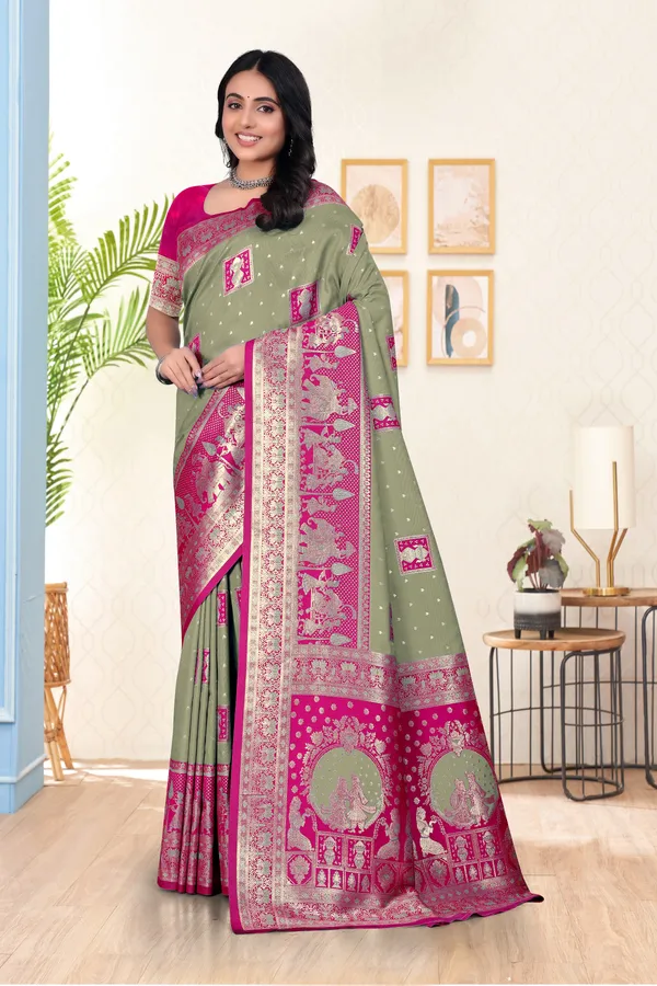Banarasi_Silk_Saree_With_Woven_Zari_Work_-_Pista_Green_And_Magenta_Pink