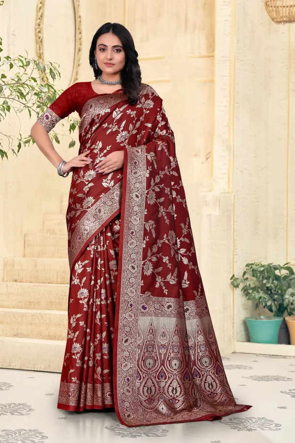 Maroon_Banarasi_Silk_Saree_With_Silver_Zari_Work_And_Embroidered_Blouse
