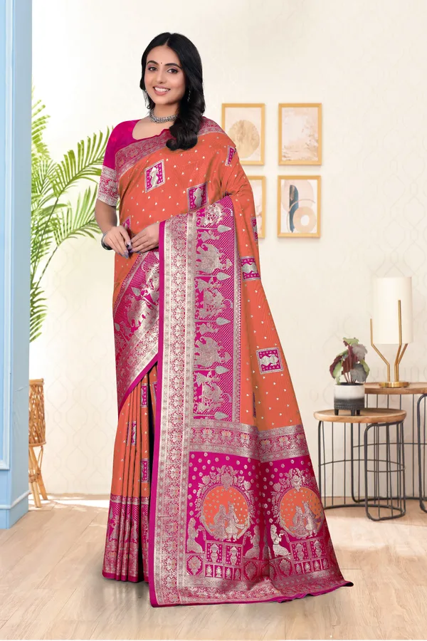 Orange_And_Pink_Banarasi_Silk_Saree_With_Zari_Work