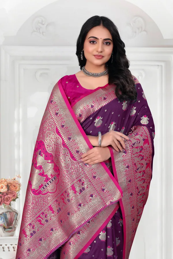 Purple_Banarasi_Silk_Saree_With_Pink_Zari_Border_And_Woven_Motifs