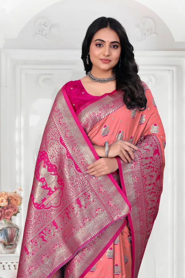 Pink_Banarasi_Silk_Saree_With_Silver_Zari_Work