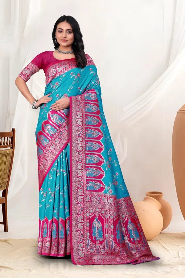 Banarasi_Silk_Saree_With_Zari_Weaving_In_Grey_And_Blue_And_Pink