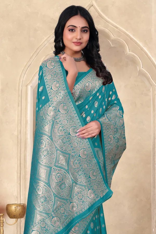 Teal_Blue_Banarasi_Silk_Saree_With_Silver_Zari_Work