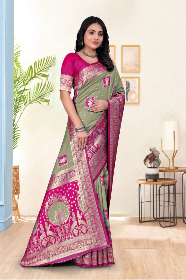 Banarasi_Silk_Saree_With_Woven_Zari_Work_-_Pista_Green_And_Magenta_Pink