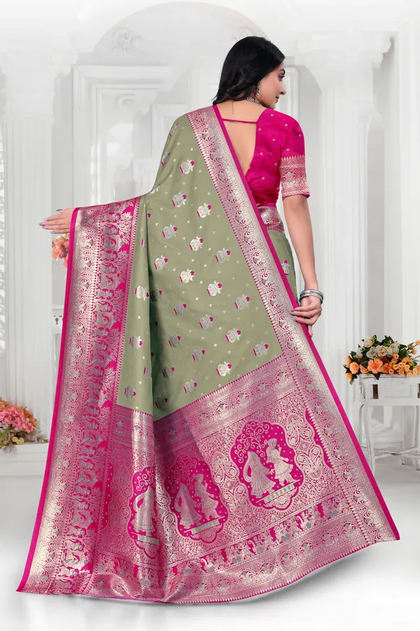 Banarasi_Silk_Saree_With_Zari_Weaving_-_Mehendi_Green_And_Magenta_Pink