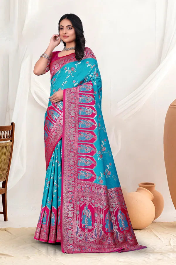 Banarasi_Silk_Saree_With_Zari_Weaving_In_Grey_And_Blue_And_Pink