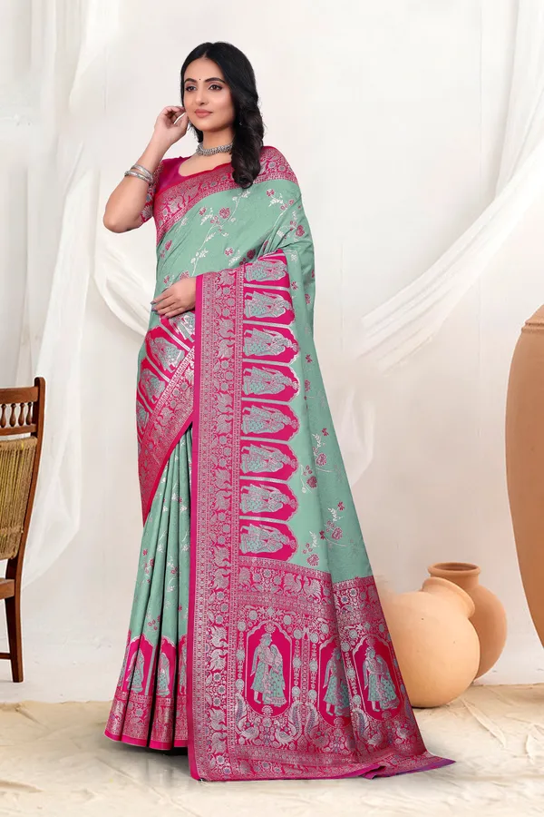 Mint_Green_Banarasi_Silk_Saree_With_Pink_Zari_Border