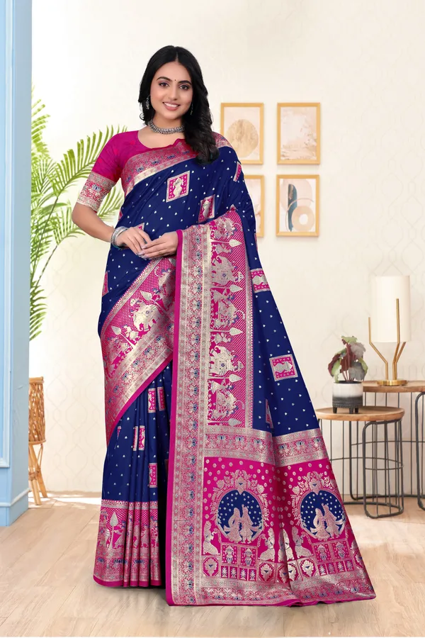 Traditional_Navy_Blue_And_Pink_Banarasi_Silk_Saree_With_Zari_Work