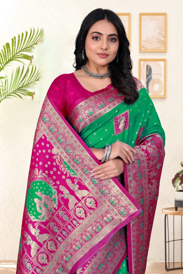 Green_Banarasi_Silk_Saree_With_Pink_Zari_Border_And_Peacock_Motifs
