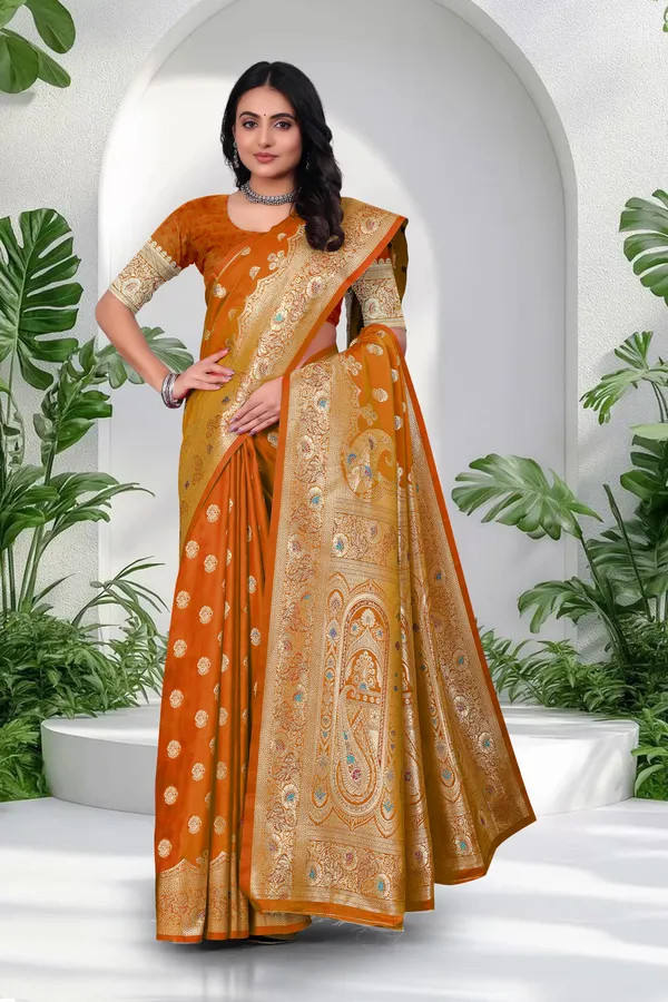 Mustard_Orange_Banarasi_Silk_Saree_With_Golden_Zari_Work
