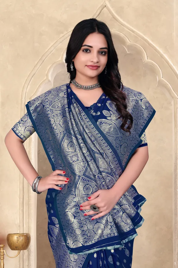 Navy_Blue_Banarasi_Silk_Saree_With_Silver_Zari_Work