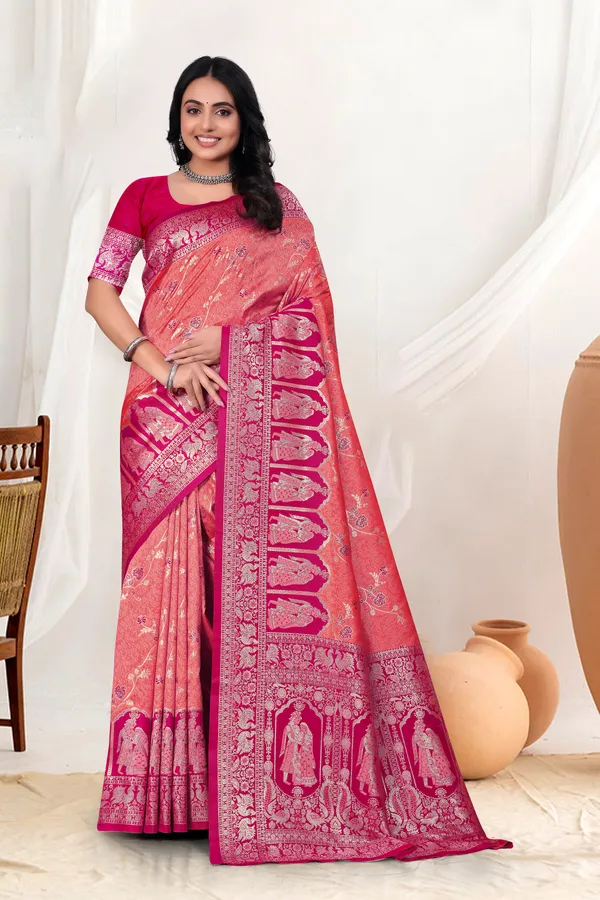 Orange_And_Pink_Banarasi_Silk_Saree_With_Silver_Zari_Work