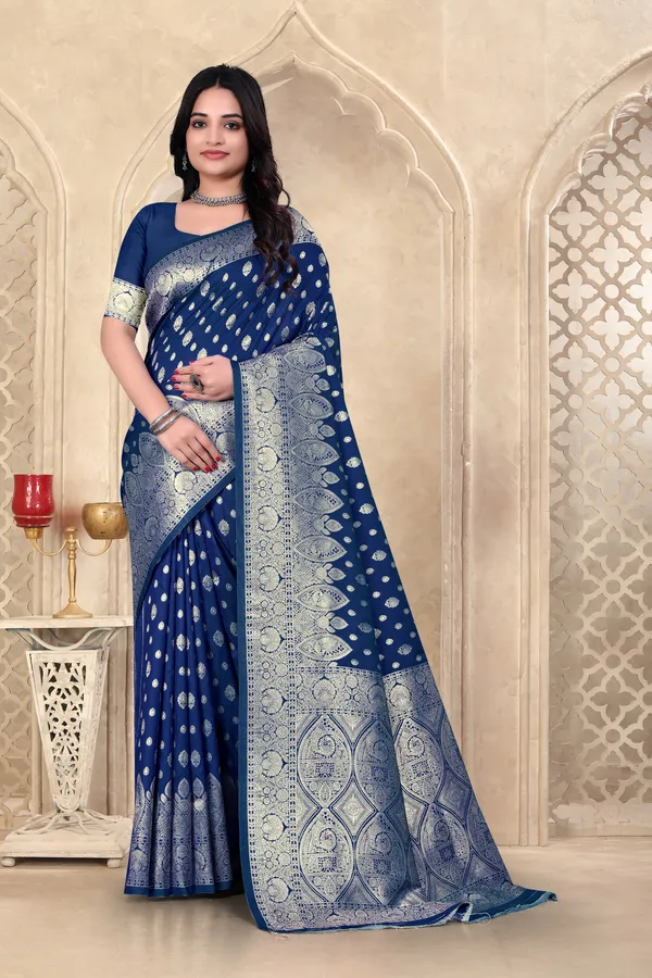 Navy_Blue_Banarasi_Silk_Saree_With_Silver_Zari_Work