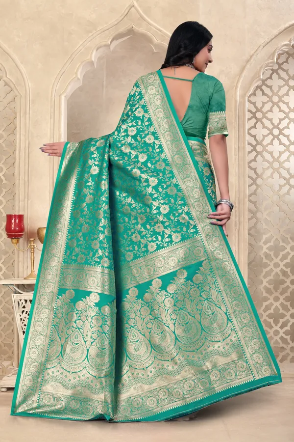 Turquoise_Green_Banarasi_Silk_Saree_With_Golden_Zari_Work