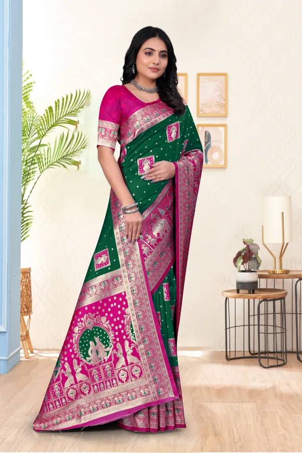 Green_And_Pink_Banarasi_Silk_Saree_With_Zari_Work