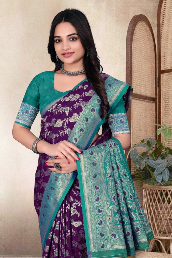 Purple_Banarasi_Silk_Saree_With_Teal_Zari_Border_And_Blouse