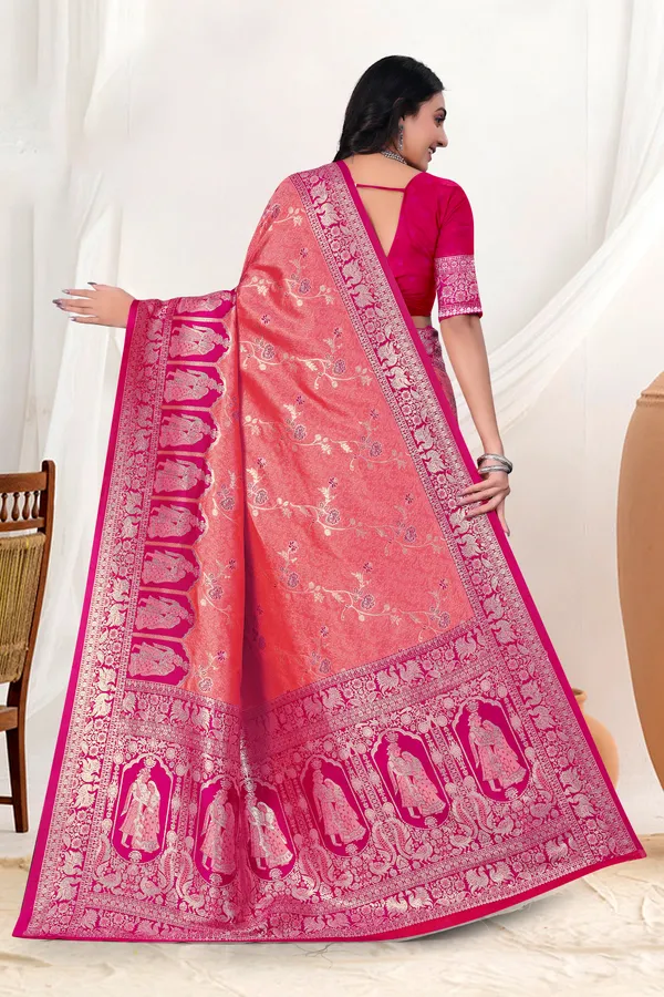 Orange_And_Pink_Banarasi_Silk_Saree_With_Silver_Zari_Work