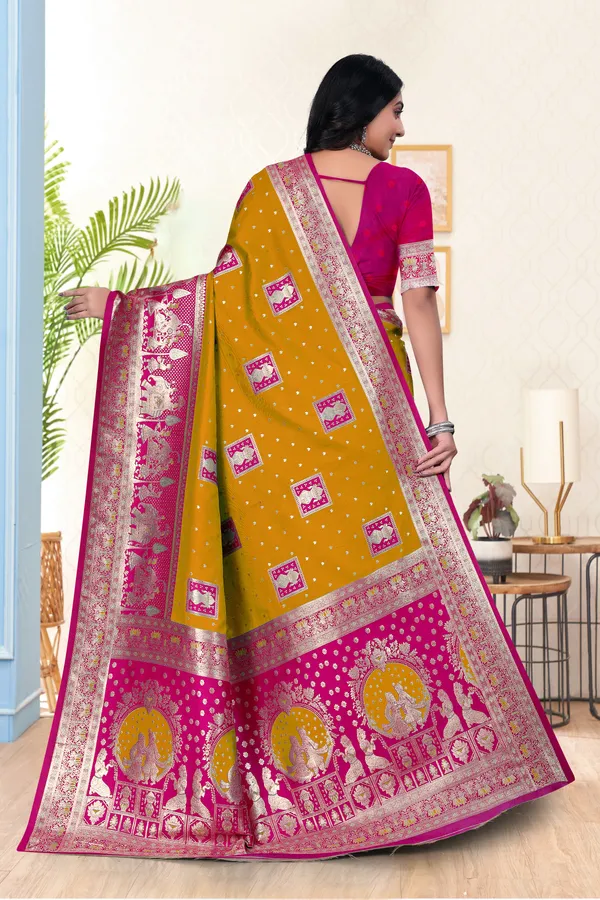 Yellow_And_Pink_Banarasi_Silk_Saree_With_Zari_Work