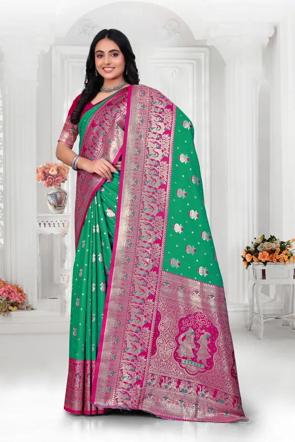 Green_Banarasi_Silk_Saree_With_Pink_Zari_Border