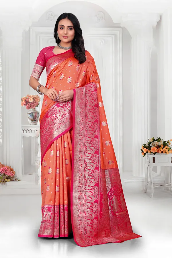 Orange_And_Pink_Banarasi_Silk_Saree_With_Zari_Work