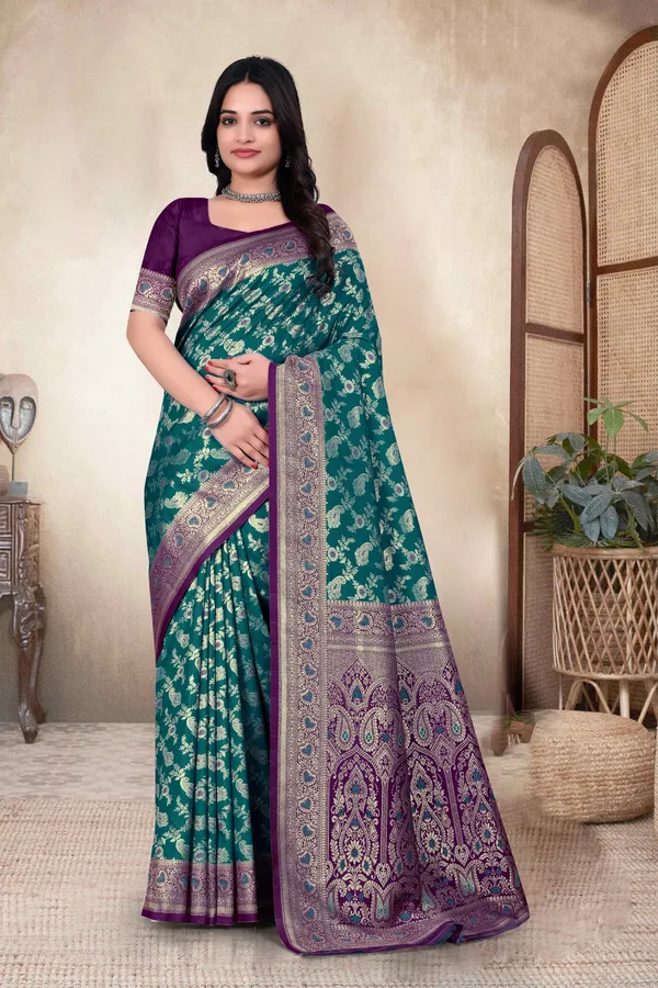 Teal_Green_Banarasi_Silk_Saree_With_Purple_Border_And_Zari_Work