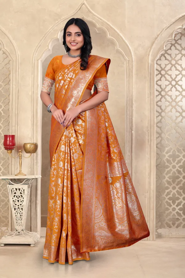 Mustard_Yellow_Banarasi_Silk_Saree_With_Silver_Zari_Work
