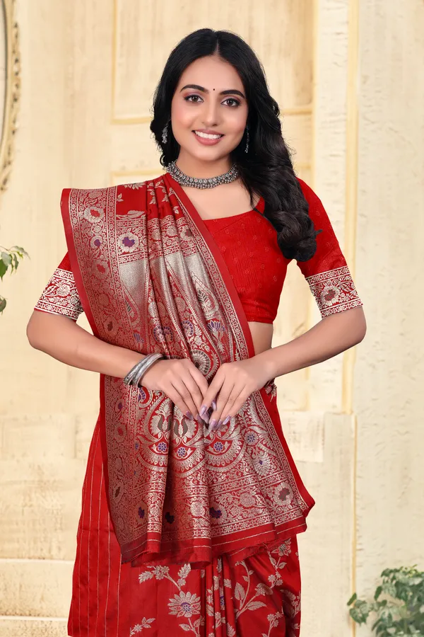 Red_Banarasi_Silk_Saree_With_Silver_Zari_Work