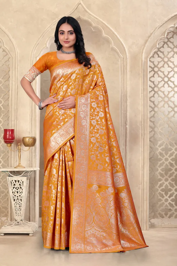 Mustard_Yellow_Banarasi_Silk_Saree_With_Silver_Zari_Work