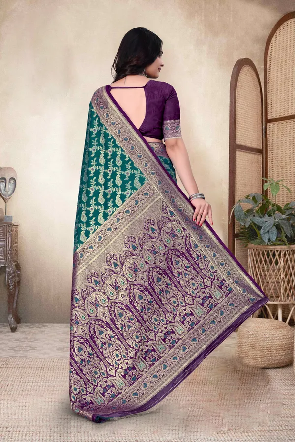 Teal_Green_Banarasi_Silk_Saree_With_Purple_Border_And_Zari_Work