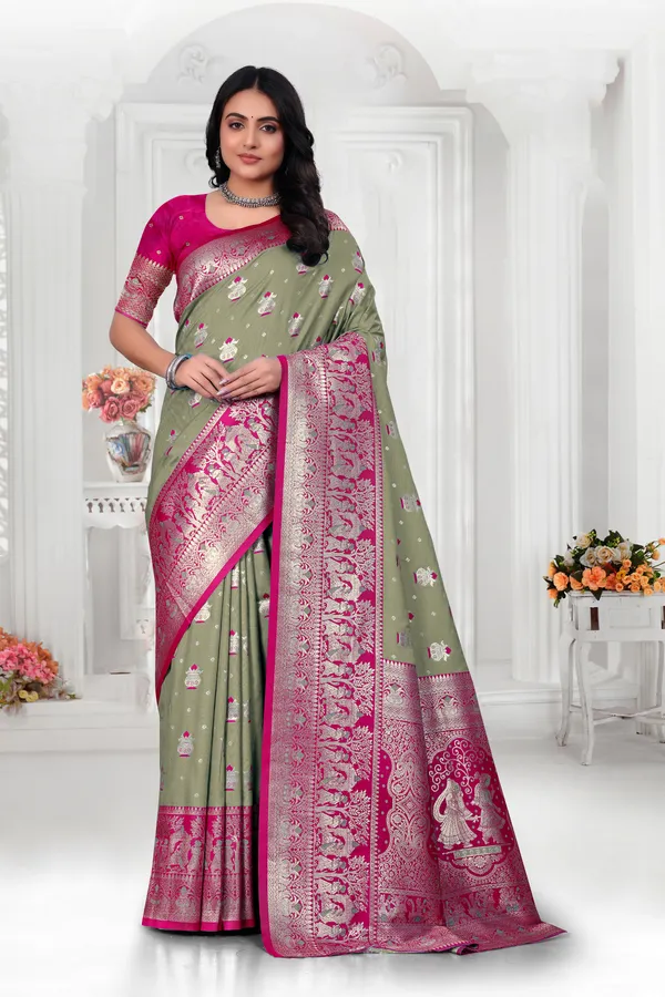 Banarasi_Silk_Saree_With_Zari_Weaving_-_Mehendi_Green_And_Magenta_Pink