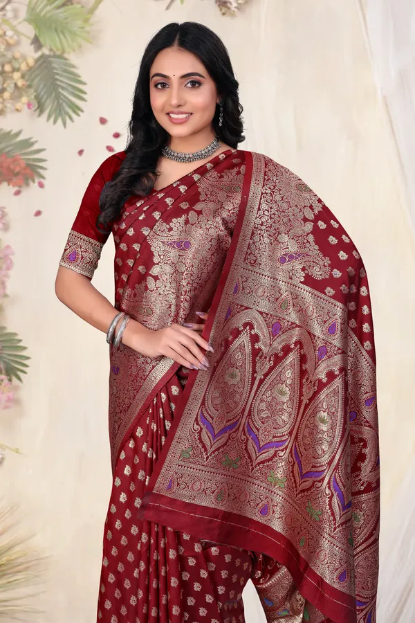 Maroon_Banarasi_Silk_Saree_With_Zari_Work_And_Contrast_Border