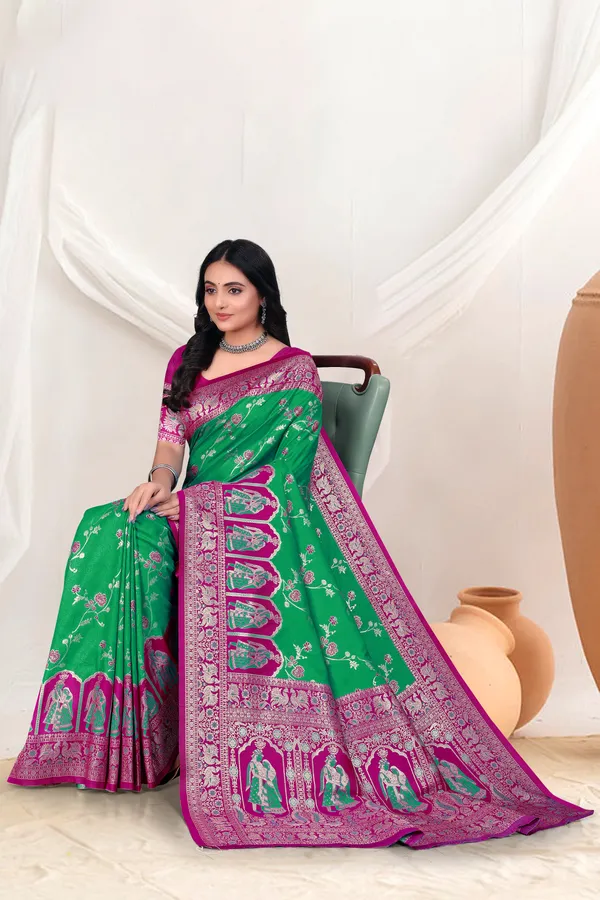 Green_Banarasi_Silk_Saree_With_Pink_Zari_Border