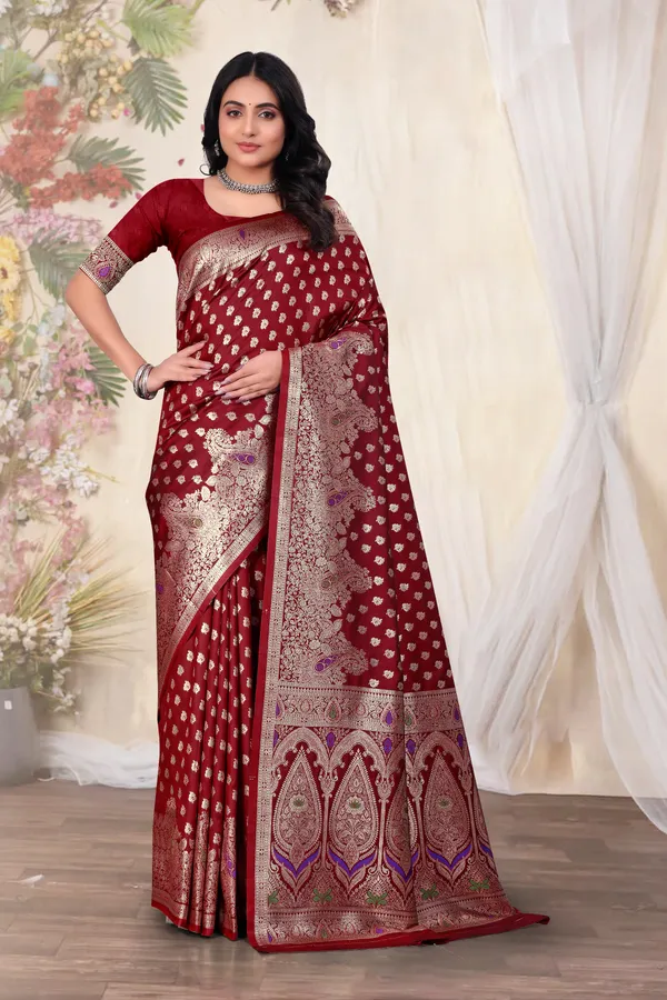 Maroon_Banarasi_Silk_Saree_With_Zari_Work_And_Contrast_Border