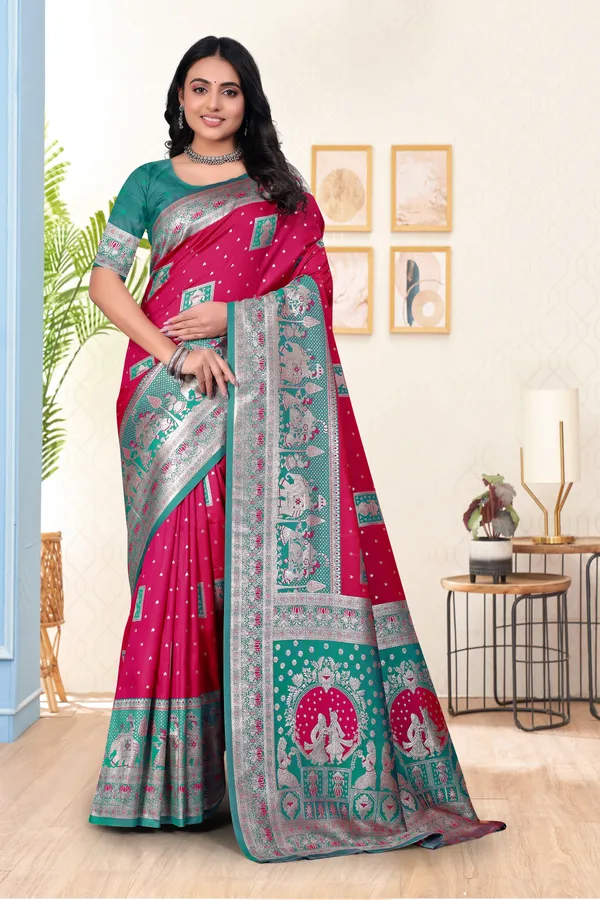 Traditional_Banarasi_Silk_Saree_With_Woven_Border_And_Pallu_-_Magenta_And_Teal_Green