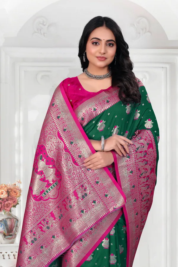Green_Banarasi_Silk_Saree_With_Pink_Zari_Border_And_Peacock_Motifs