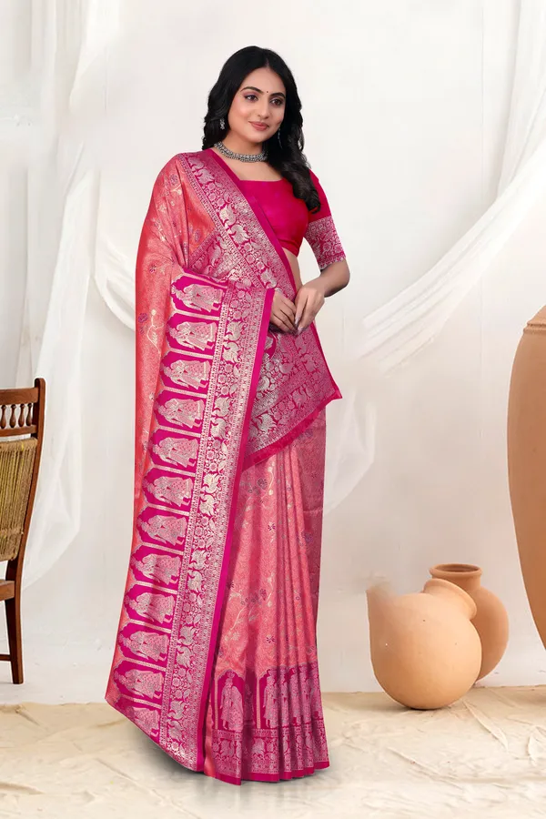 Orange_And_Pink_Banarasi_Silk_Saree_With_Silver_Zari_Work
