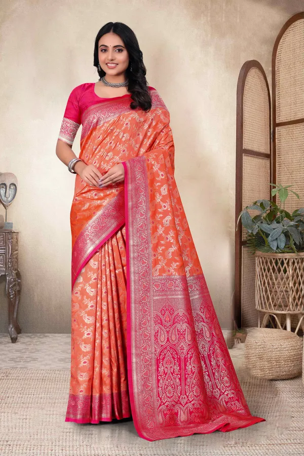 Peach_Orange_Banarasi_Silk_Saree_With_Pink_Zari_Border