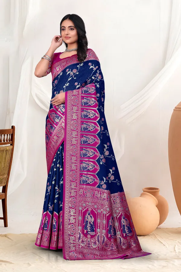 Navy_Blue_Banarasi_Silk_Saree_With_Pink_Zari_Border