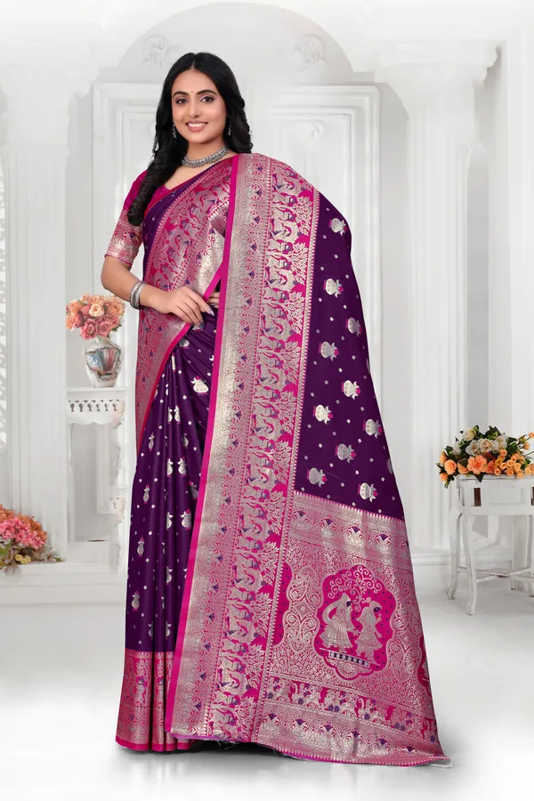 Purple_Banarasi_Silk_Saree_With_Pink_Zari_Border_And_Woven_Motifs