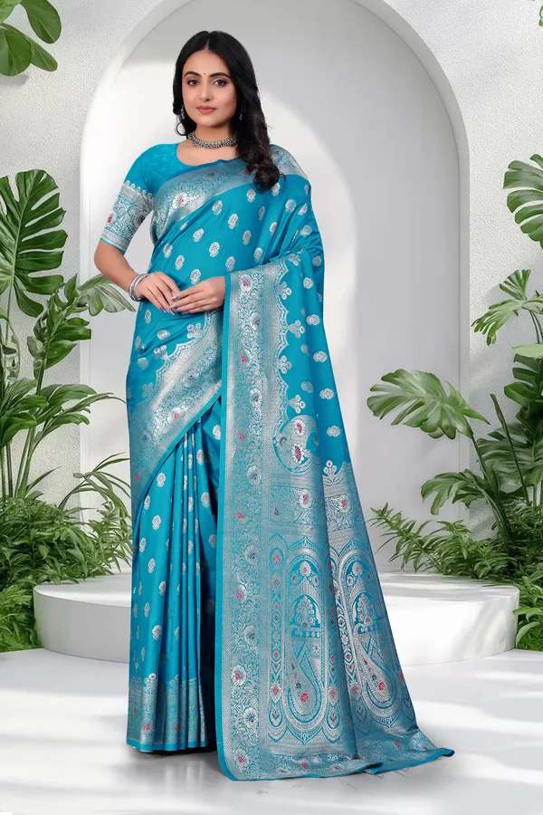 Blue_Banarasi_Silk_Saree_With_Silver_Zari_Work_And_Paisley_Motifs