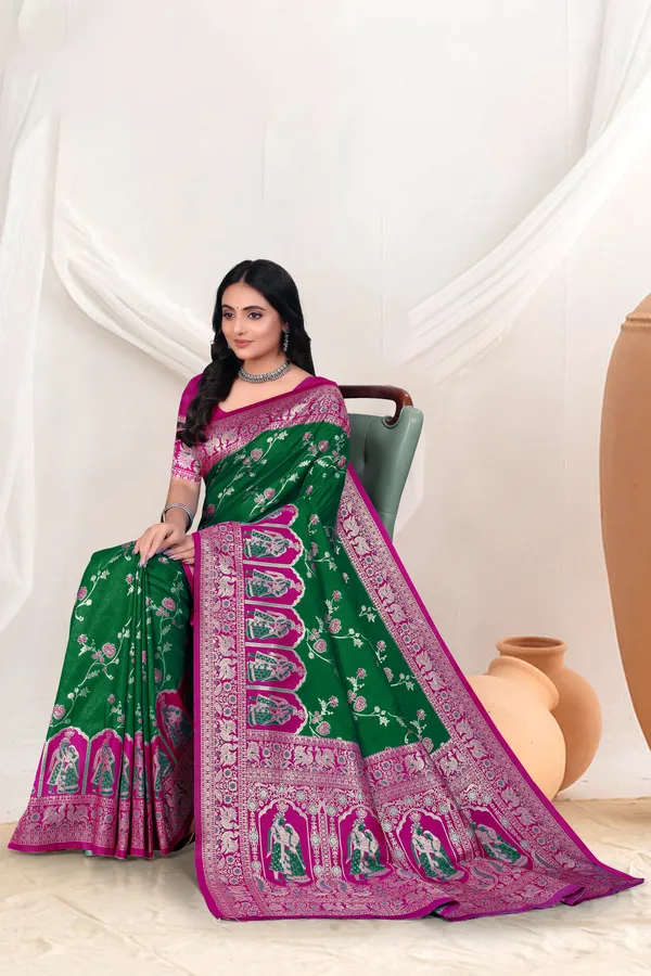Green_Banarasi_Silk_Saree_With_Pink_Zari_Border