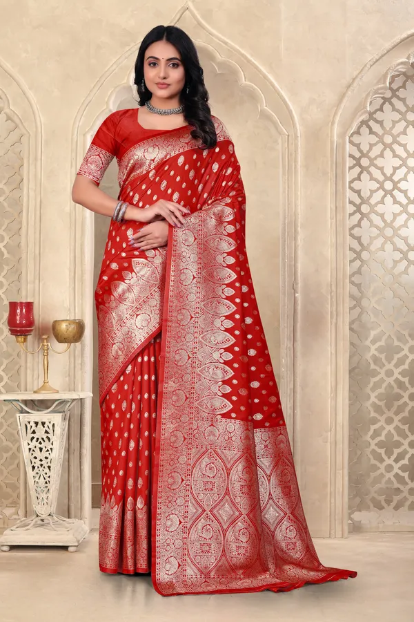 Red_Banarasi_Silk_Saree_With_Golden_Zari_Work