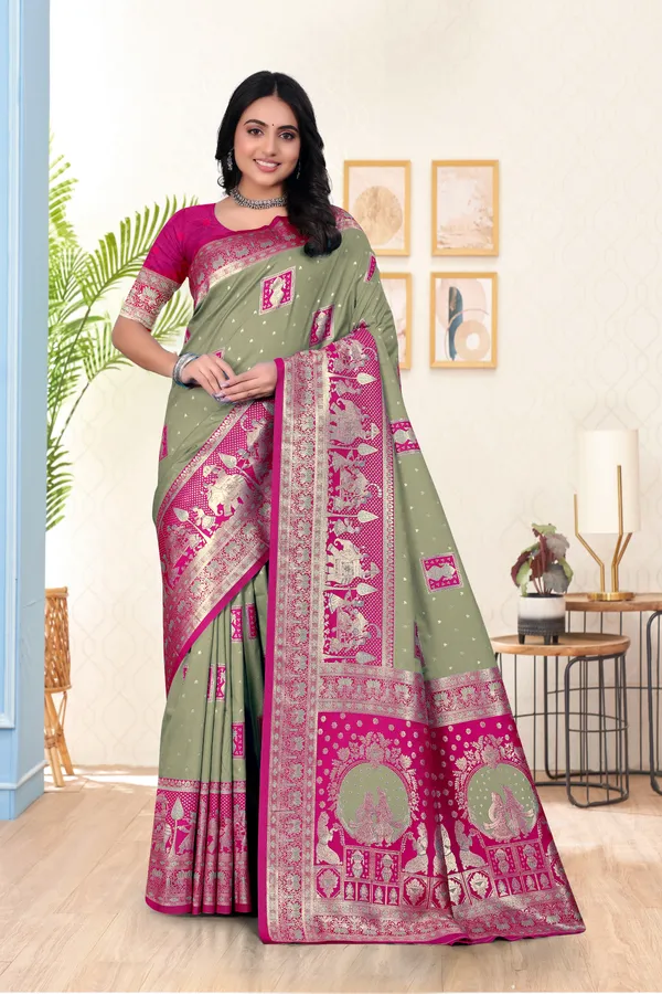 Banarasi_Silk_Saree_With_Woven_Zari_Work_-_Pista_Green_And_Magenta_Pink