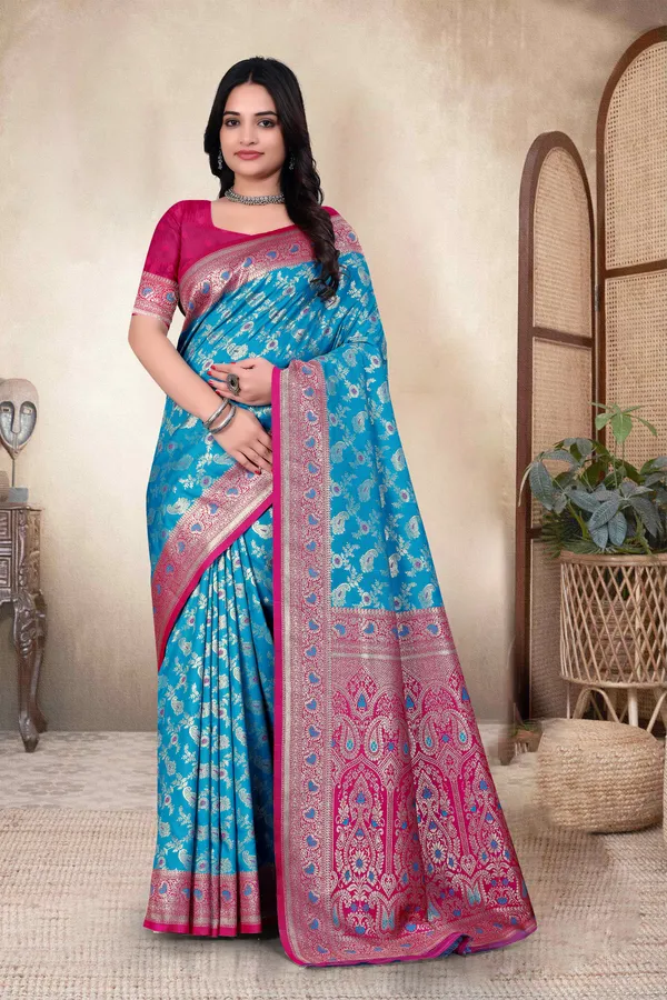 Blue_Banarasi_Silk_Saree_With_Pink_Border_And_Intricate_Weaving